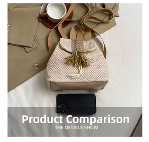 Detail view of straw backpack with tassel showing size comparison with a smartphone