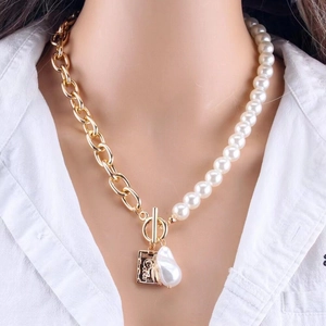 Baroque pearl and gold square portrait pendant necklace with snake chain for women
