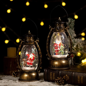 Vintage bronze Christmas lanterns with musical snow globe and Santa Claus scenes