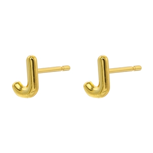 Detail view of 18K gold plated minimalist J-letter stud earrings with polished finish