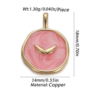 Pink marble texture copper pendant with gold wings detail and size measurements