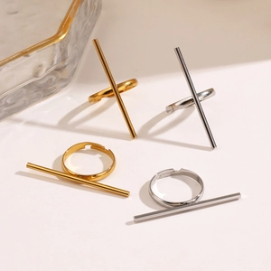 Bagues réglables en forme de T en acier inoxydable, finitions or et argent