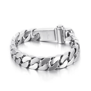 Polished silver stainless steel Cuban link bracelet for men with secure mechanical clasp
