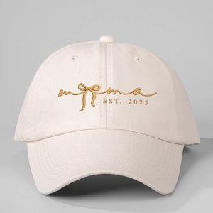 Adjustable cotton baseball cap with mama EST. 2025 embroidery and a cute bow detail