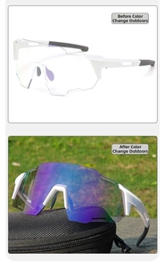 Détail de lunettes de vélo photochromiques montrant la transition de clair à violet