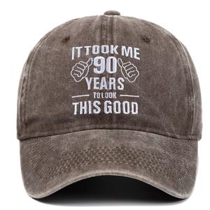 Detailed white embroidery on vintage washed cotton baseball cap for 90th birthday gift