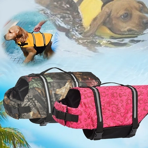 Safety dog life jacket with high visibility reflective strips and sturdy back rescue handle