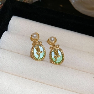 French vintage oval earrings with oil-dripped flower pattern and round pearl accents