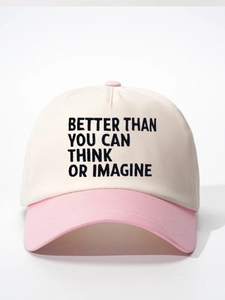 Close-up of 'BETTER THAN' embroidery on contrast color cotton baseball cap brim