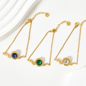 14K gold plated stainless steel snake bracelets with blue, green and clear gemstones