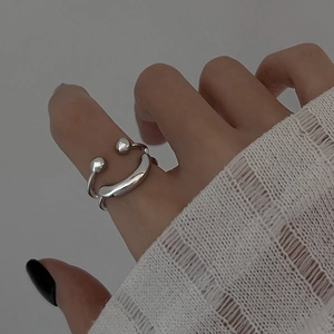 Minimalist silver double-layer smiley face open ring with polished ball accents for women
