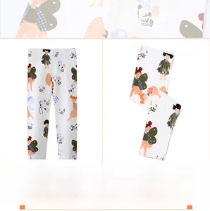 Détail du legging blanc pour filles avec motifs de fées et fleurs colorées