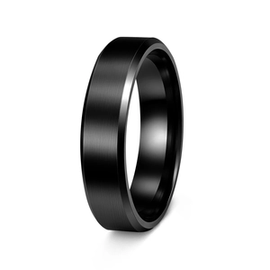 Modern 6mm matte black stainless steel ring with a brushed finish and polished edges