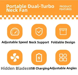 Foldable neck fan with dual turbo motors, USB charging and adjustable hidden fan blades