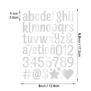 Detail view of 1-inch silver alphabet stickers showing exact dimensions and layout