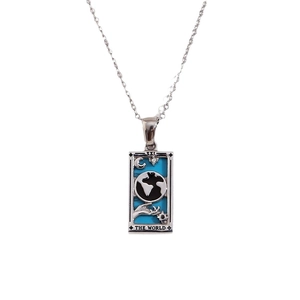 Tarot The World pendant necklace in blue enamel and silver stainless steel finish