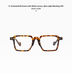 Detail view of square tortoiseshell blue light blocking glasses in demi clear finish