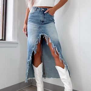 Jupe En Jean Pour Femmes Taille Haute Déchirée Ourlet Effiloché Irrégulier Fente Décontractée Bleu Mode