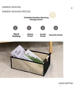 Detail of hand-woven foldable bamboo basket featuring wooden handles and mesh structure
