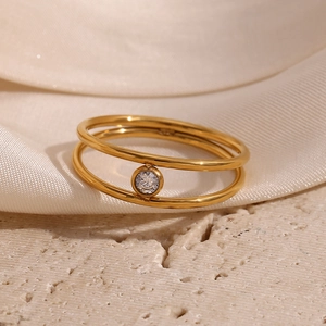 Anello A Doppio Strato In Acciaio Inossidabile Placcato Oro 18K Zirconia Gioielli Geometrici Minimalisti Da Donna