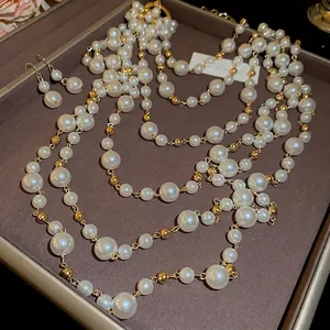 French style long multi-layer pearl necklace and drop earrings set in gold finish