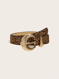 Detailed close-up of a leopard print belt featuring a polished gold round metal buckle
