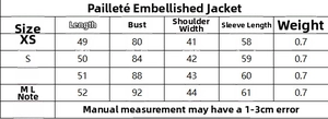 Detailed size chart for the sequin decorated jacket with measurements in centimeters
