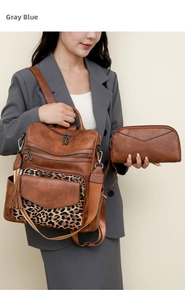 Detail view of brown PU leather backpack and matching pouch with leopard print flap