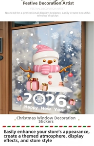 Detail of 3D pink snowman window sticker with 2026 Happy New Year text on glass