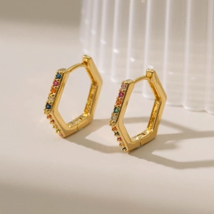 Elegant 18K gold-plated hexagonal earrings with colorful zircon gemstones for women