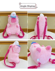Detailed views of pink plush capybara backpack with adjustable straps and side zipper