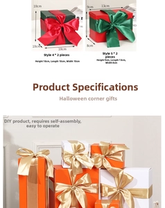 Detail view of DIY Christmas gift boxes in various colors with ribbon and size specs