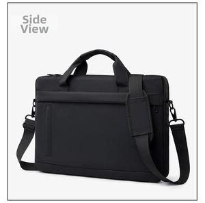 Close-up of waterproof black laptop briefcase with reinforced handle and adjustable strap