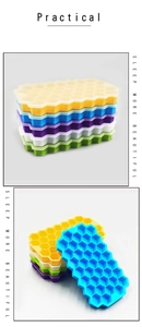 Close-up of stackable silicone honeycomb ice trays with spill-proof lids in multiple colors