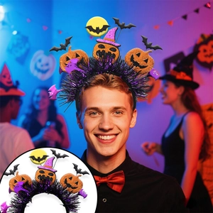 Halloween headband with pumpkin, bat, and wizard hat elements for party decorations