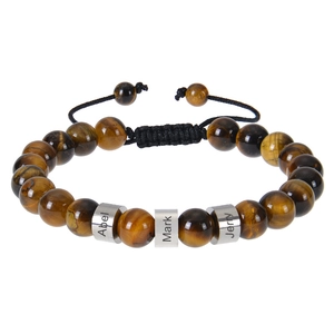 Detailed view of Tiger Eye beaded bracelet with custom name engravings on silver beads