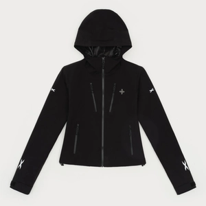 Slim fit black hooded functional outdoor windbreaker with symmetric cross logo design