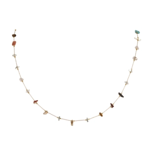 Detail of handmade evil eye necklace with colorful natural crushed stones and gold chain