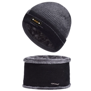Winter knitted beanie and neck warmer set with thick fleece lining and sport badge