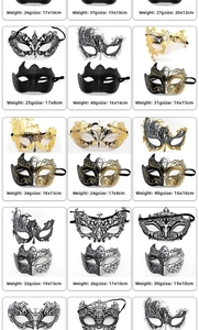 Detailed grid view of diverse masquerade masks with intricate lace and gold glitter designs