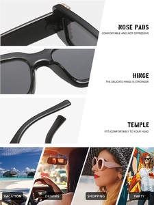 Detail view of square rhinestone sunglasses showing nose pads, hinges and lifestyle scenes