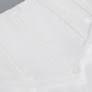 Macro view of white satin fabric showing fine stitching detail and glossy texture