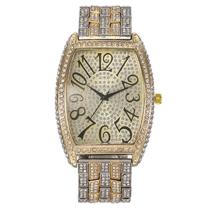 Luxury tonneau quartz watch with full crystal pavé and artistic Arabic numerals