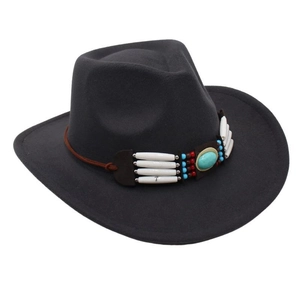 Detail of western wool felt cowboy hat with ethnic turquoise beads and leather band