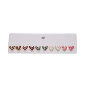 Set of 6 pairs colorful heart stud earrings with gold trim on a white display card