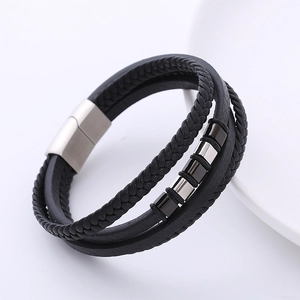 Men's multilayer black braided leather bracelet with stainless steel magnetic clasp