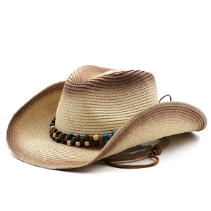 Chapeau de cowboy en paille dégradé marron avec perles et mentonnière réglable