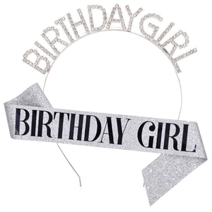 Detail of silver rhinestone Birthday Girl headband and glitter sash party set