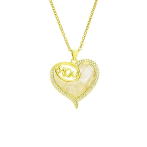 Elegant gold heart necklace with MOP inlay, MOM script, and cubic zirconia accents