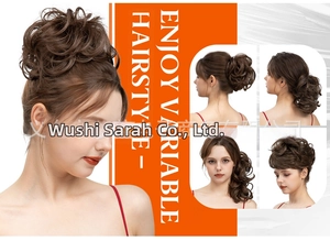 Vues détaillées du chignon décoiffé marron foncé avec texture synthétique ondulée naturelle